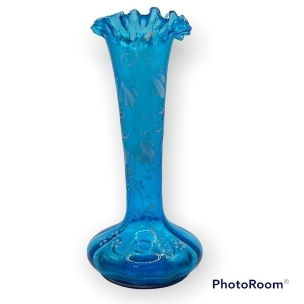 ANTIQUE Hand Painted Victorian Blue Hand-Blown Glass Bud Vase